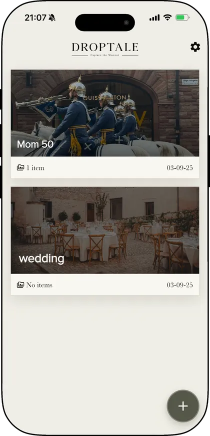 DropTale app showing event galleries